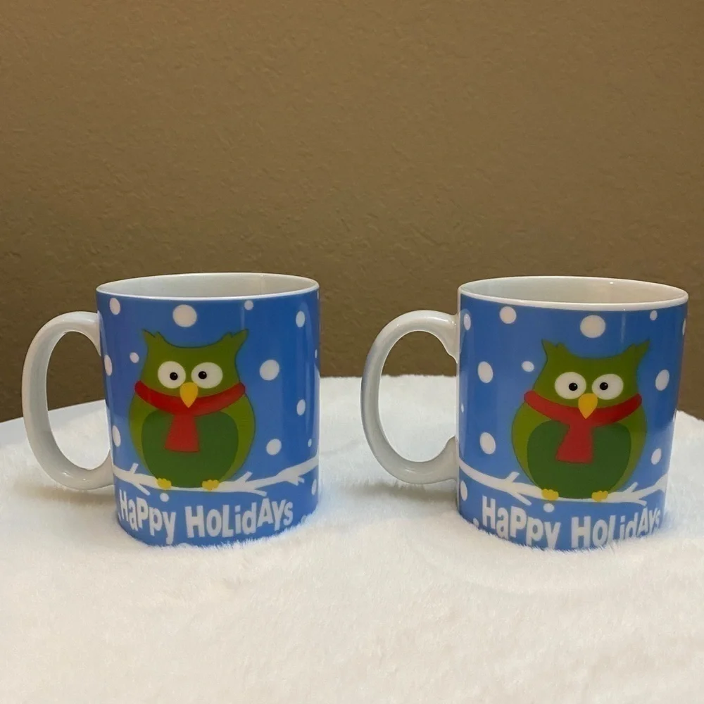 Pier 1 Holiday Owl Mugs – Set of 2 – Christmas Ceramic Cups